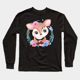 Cute little deer portrait with floral Long Sleeve T-Shirt